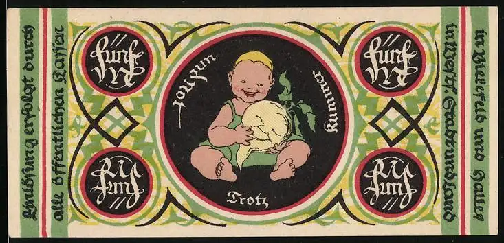 Notgeld Bielefeld 1919, 5 Mark, Lachendes Kleinkind mit Rübe in der Hand Trotz Kummer und Not, Signatur