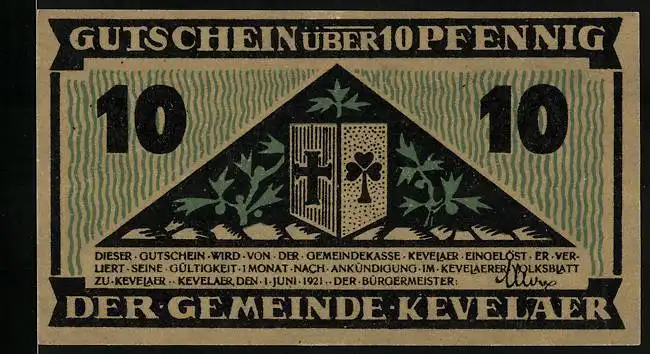 Notgeld Kevelaer 1921, 10 Pfennig, Bauer bei der Feldarbeit, Bibel auf dem Ackerboden