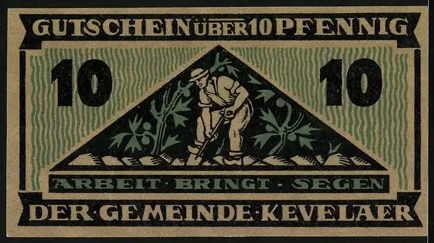 Notgeld Kevelaer 1921, 10 Pfennig, Bauer bei der Feldarbeit, Bibel auf dem Ackerboden