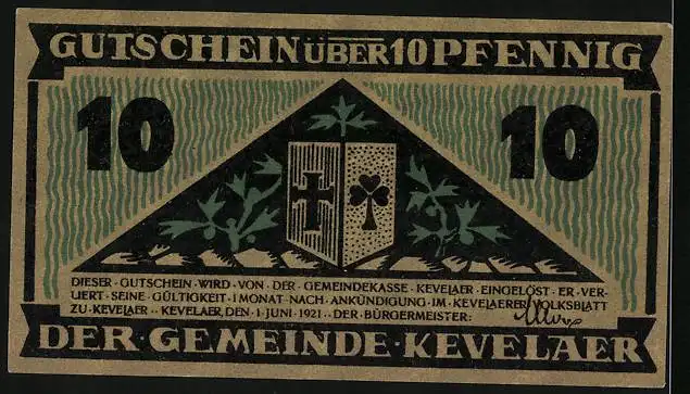 Notgeld Kevelaer 1921, 10 Pfennig, Bauer bei der Feldarbeit, Bibel auf dem Ackerboden