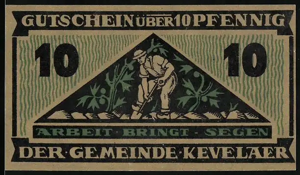 Notgeld Kevelaer 1921, 10 Pfennig, Bauer bei der Feldarbeit, Bibel auf dem Ackerboden