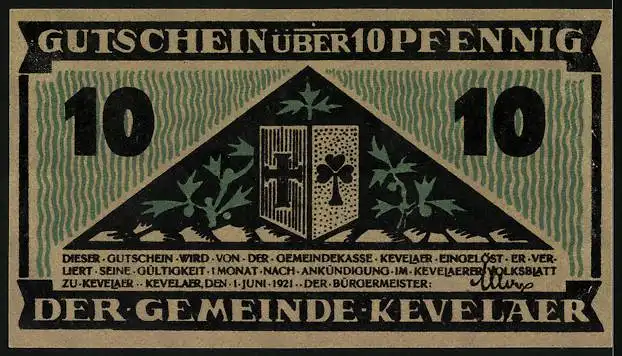 Notgeld Kevelaer 1921, 10 Pfennig, Bauer bei der Feldarbeit, Bibel auf dem Ackerboden