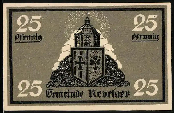 Notgeld Kevelaer 1921, 25 Pfennig, Bauer mit Kirche, Windmühle und Gnadenkapelle