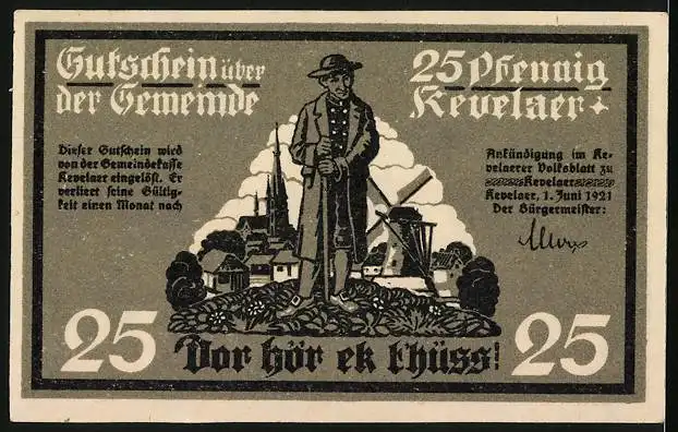 Notgeld Kevelaer 1921, 25 Pfennig, Bauer mit Kirche, Windmühle und Gnadenkapelle