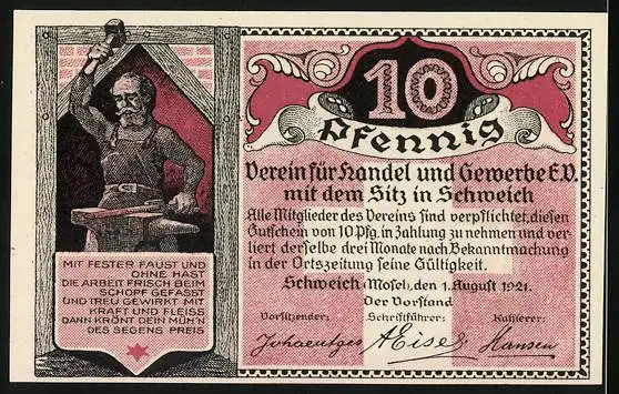 Notgeld Schweich 1921, 10 Pfennig, Hoch-Kreuz erbaut 1774, Schmied bei der Arbeit