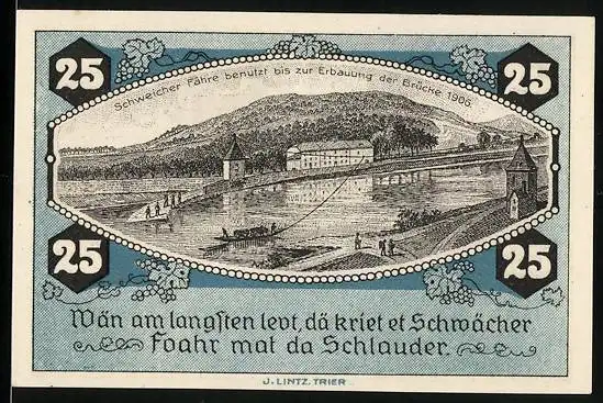 Notgeld Schweich 1921, 25 Pfennig, Schweicher Fähre, Bauer bei der Feldarbeit