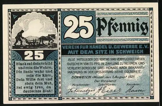 Notgeld Schweich 1921, 25 Pfennig, Schweicher Fähre, Bauer bei der Feldarbeit