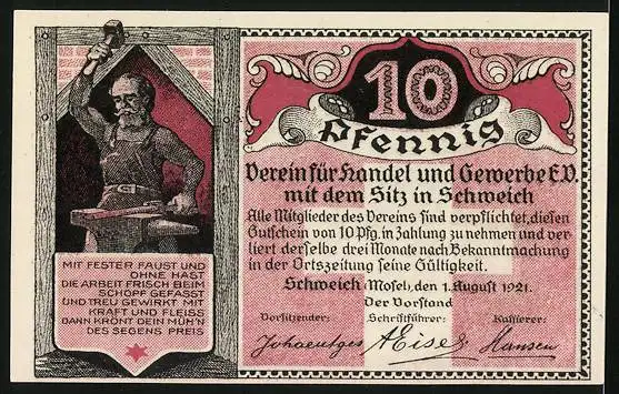 Notgeld Schweich 1921, 10 Pfennig, Hoch-Kreuz erbaut 1774, Schmied bei der Arbeit