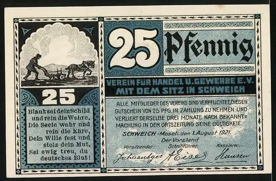 Notgeld Schweich 1921, 25 Pfennig, Schweicher Fähre, Bauer bei der Feldarbeit