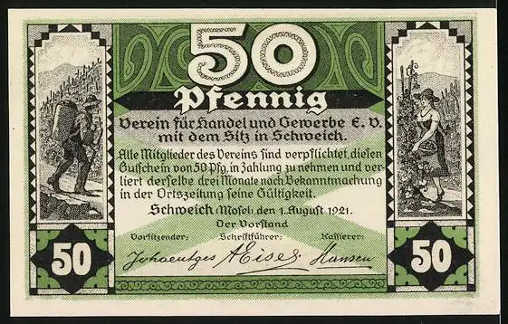 Notgeld Schweich 1921, 50 Pfennig, Arbeiter bei der Weinlese