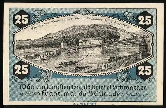 Notgeld Schweich 1921, 25 Pfennig, Schweicher Fähre, Bauer bei der Feldarbeit