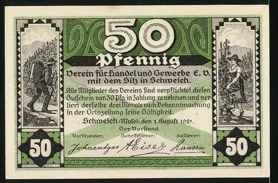 Notgeld Schweich 1921, 50 Pfennig, Arbeiter bei der Weinlese