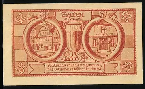 Notgeld Zerbst i. Anhalt 1921, 25 Pfennig, Ratsbrauerei, Bierglas und Wappen