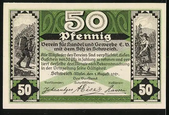 Notgeld Schweich 1921, 50 Pfennig, Arbeiter bei der Weinlese