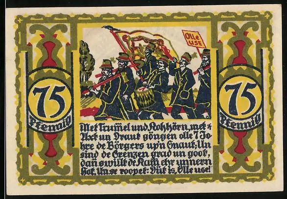 Notgeld Osnabrück 1921, 75 Pfennig, Männer marschieren mit Trommel und Fahne, Wappen