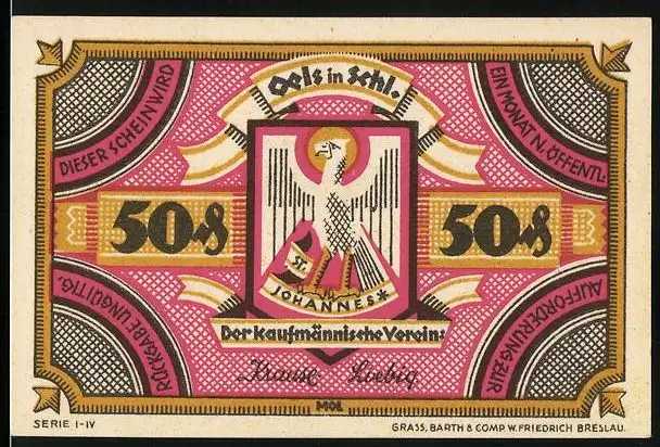 Notgeld Oels i. Schl., 50 Pfennig, Storchnest, Wappen