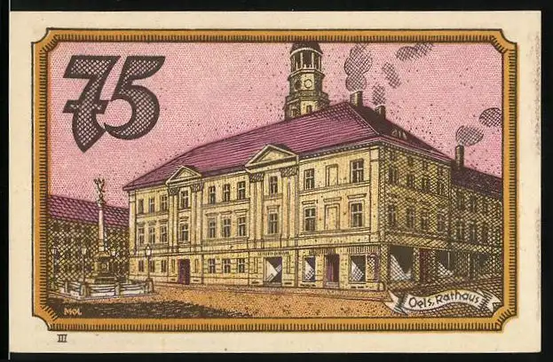 Notgeld Oels i. Schl., 75 Pfennig, Rathaus, Wappen