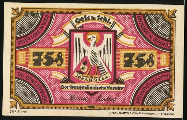 Notgeld Oels i. Schl., 75 Pfennig, Rathaus, Wappen