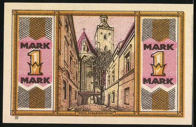 Notgeld Oels i. Schl., 1 Mark, Schlosskirche und Wappen