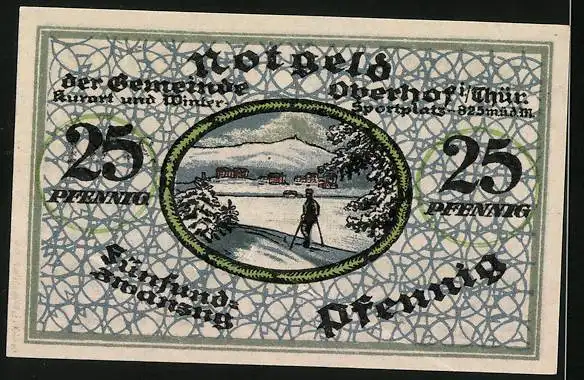 Notgeld Oberhof i. Thür., Skifahrer in Winterlandschaft, Signatur