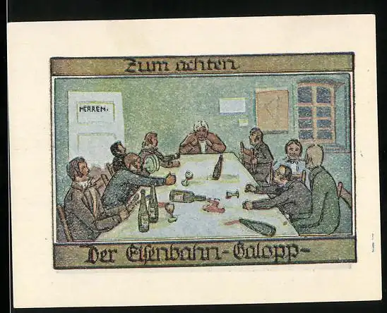 Notgeld Burgsteinfurt 1921, 50 Pfennig, Männer beim Wein Der Eisenbahn-Galopp, Ortsansicht