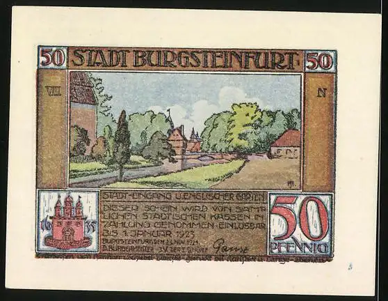 Notgeld Burgsteinfurt 1921, 50 Pfennig, Männer beim Wein Der Eisenbahn-Galopp, Ortsansicht