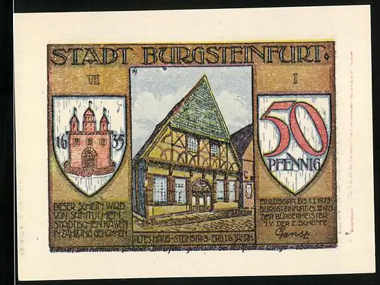Notgeld Burgsteinfurt 1921, 50 Pfennig, Fackelzug, Rotes Haus und Wappen