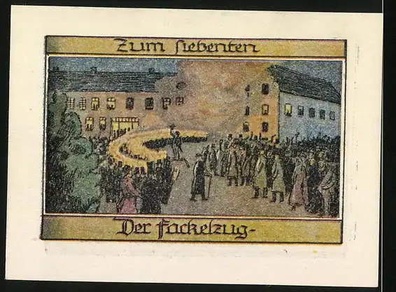 Notgeld Burgsteinfurt 1921, 50 Pfennig, Fackelzug, Rotes Haus und Wappen