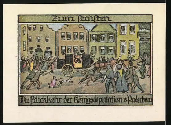 Notgeld Burgsteinfurt 1921, 50 Pfennig, Rückkehr der Königsdeputation von Paderborn, Rathaus und Wappen