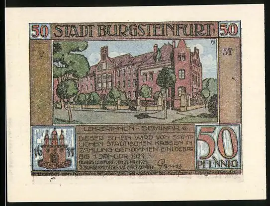Notgeld Burgsteinfurt 1921, 50 Pfennig, Die nicht vorgelassene Deputation, Lehrerinnen-Seminar