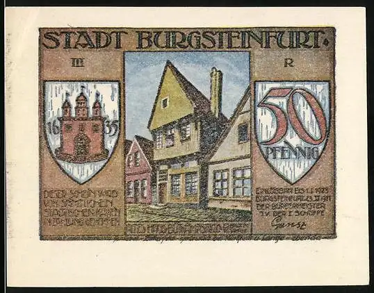 Notgeld Burgsteinfurt 1921, 50 Pfennig, Rotes Haus, Der Eisenbahn-Brief, Wappen