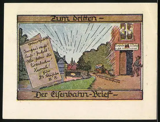 Notgeld Burgsteinfurt 1921, 50 Pfennig, Rotes Haus, Der Eisenbahn-Brief, Wappen