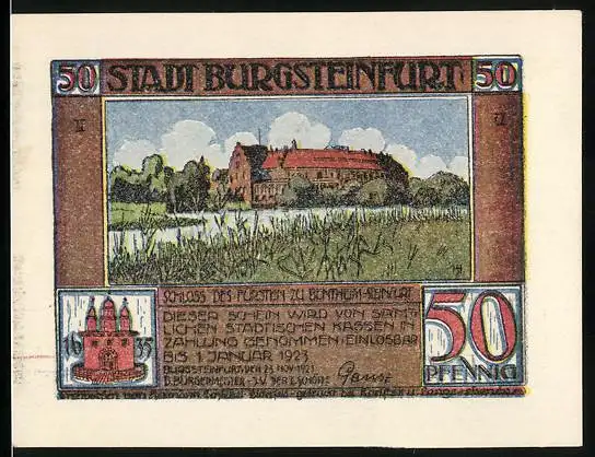 Notgeld Burgsteinfurt 1921, 50 Pfennig, Schloss des Fürsten zu Bentheim-Steinfurt, Das Eisenbahn-Komitee