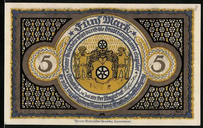 Notgeld Osnabrück 1921, 5 Mark, Verkündigung des Westfälischen Friedens an der Rathaustreppe 1648