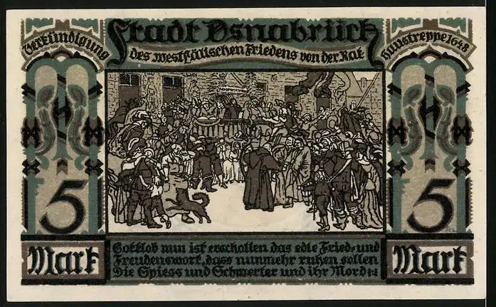 Notgeld Osnabrück 1921, 5 Mark, Verkündigung des Westfälischen Friedens an der Rathaustreppe 1648