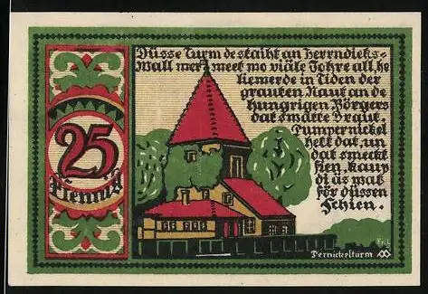 Notgeld Osnabrück 1921, 25 Pfennig, Pernickelturm, Signatur