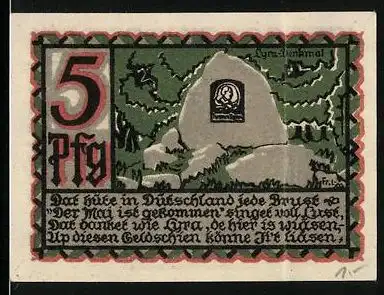 Notgeld Osnabrück 1921, 5 Pfennig, Lyra-Denkmal, Signatur