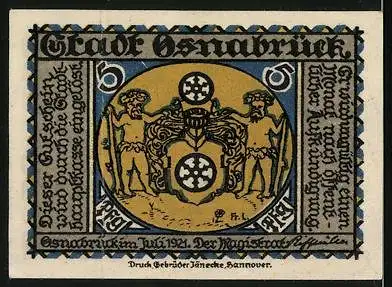 Notgeld Osnabrück 1921, 5 Pfennig, Lyra-Denkmal, Signatur