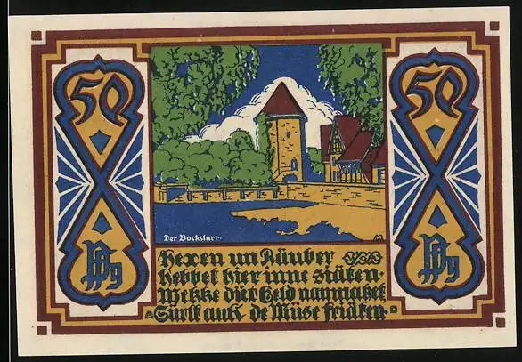 Notgeld Osnabrück 1921, 50 Pfennig, Bocksturm, Signatur