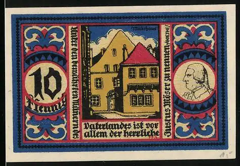 Notgeld Osnabrück 1921, 10 Pfennig, Möserhaus, Bildnis Justus Möser