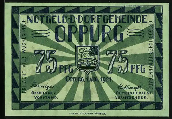 Notgeld Oppurg 1921, 75 Pfennig, Schlossturm aus dem 13. Jahrhundert, Wappen