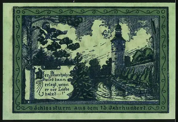 Notgeld Oppurg 1921, 75 Pfennig, Schlossturm aus dem 13. Jahrhundert, Wappen