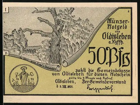 Notgeld Oldisleben a. Kyffh. 1921, 50 Pfennig, Geschlagene Bauern fliehen i. d. Stadt Frankenhausen, 300jährige Eiche