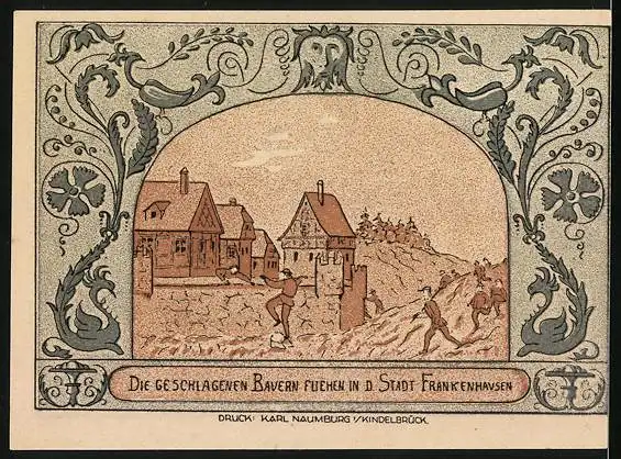 Notgeld Oldisleben a. Kyffh. 1921, 50 Pfennig, Geschlagene Bauern fliehen i. d. Stadt Frankenhausen, 300jährige Eiche