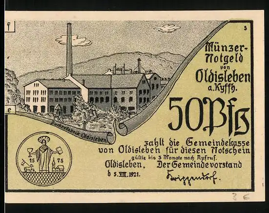 Notgeld Oldisleben a. Kyffh. 1921, 50 Pfennig, Th. Müncers Überführung nach Feste Heldrungen, Zuckerfabrik