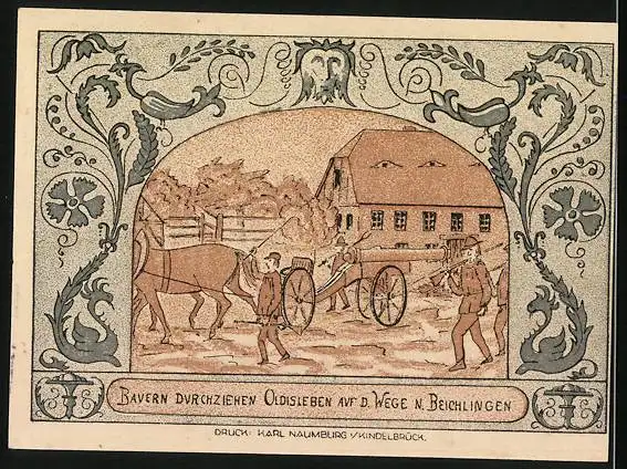 Notgeld Oldisleben a. Kyffh. 1921, 50 Pfennig, Bauern durchziehen Oldisleben a. d. Weg n. Beichlingen, Kirche