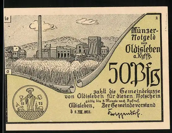 Notgeld Oldisleben a. Kyffh. 1921, 50 Pfennig, Bauern schliessen sich Müncer an, Kaliwerk von Wilhelm Ernst