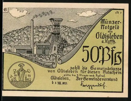 Notgeld Oldisleben a. Kyffh. 1921, 50 Pfennig, Thomas Müncer predigt zum Aufruhr, Kali-Schacht Wilhelm Ernst