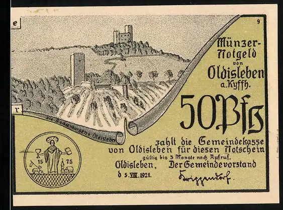 Notgeld Oldisleben a. Kyffh. 1921, 50 Pfennig, Thomas Müncer leitet die Bauernschlacht, Die Sachsenburgen