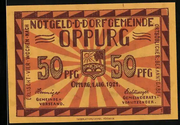 Notgeld Oppurg 1921, 50 Pfennig, Kirche aus dem Jahre 1694, Wappen